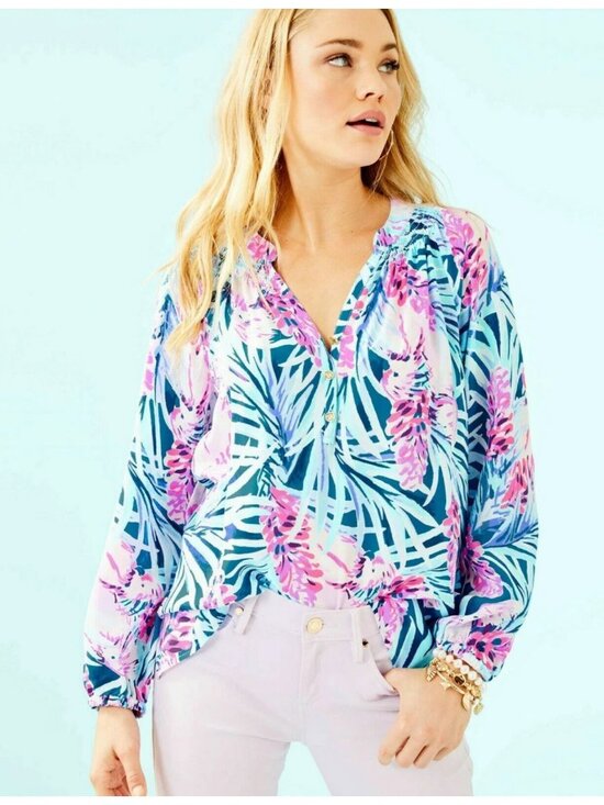 Lilly Pulitzer Silk Elsa Top Tweet Hearts Print Blouse Size S Palm Beach Style - Picture 1 of 5